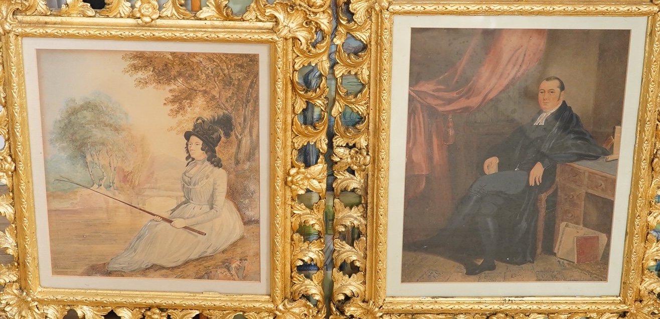 Early 19th century English School, pair of watercolours, Portrait of a lady angler and Portrait of a seated cleric, each unsigned, inscribed in ink verso, 27 x 21cm, housed in rococo style gilt frames. Condition - good